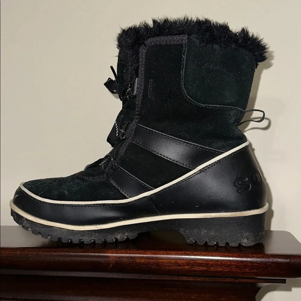 SOREL 7.5 Women’s Black White Trim Leather Suede Tivoli II Faux Fur Ankle Boots